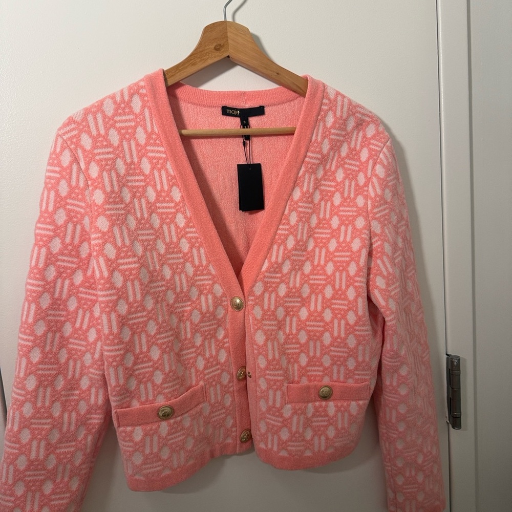 Maje Pink Cardigan Sweater with Geometric Knit